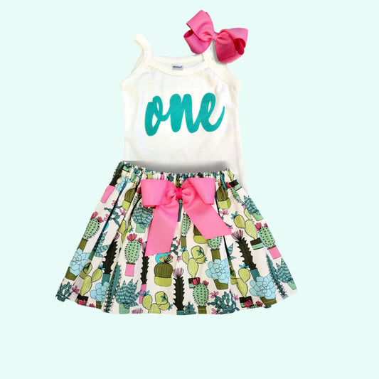 1st birthday outfit,  Age Cactus Birthday Toddler Outfit, Applique Birthday Number, Girls Shirt and Skirt Set