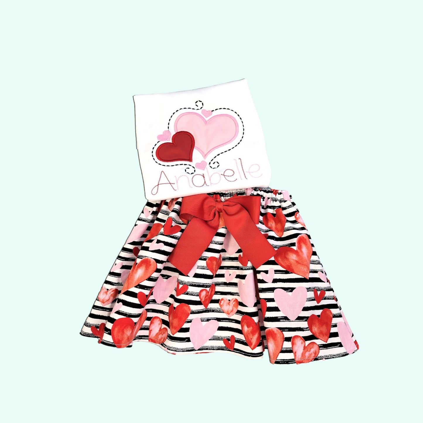 Valentine Outfit for Girls,  Personalized Girls Valentine Outfit, Hearts Skirt, Black and Red Personalized Valentine Outfit For Toddlers