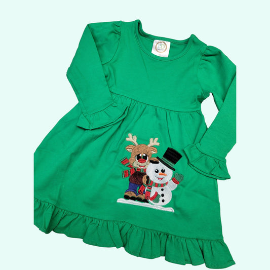 Christmas Girls Dress, Snowman Christmas Toddler Dress, Frosty Girls Dress, Personalized Christmas  Red or Green dress, Holiday  dress