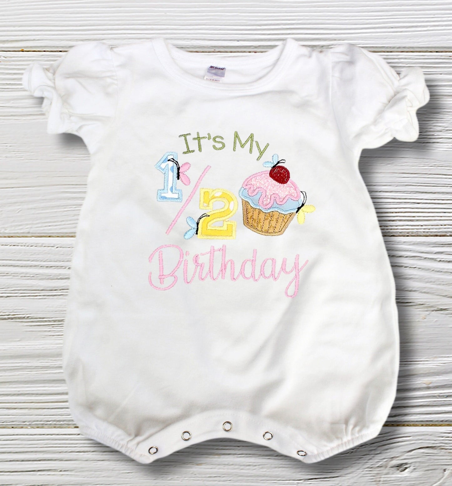 Halfway to One Baby Girl Romper - Sweet Cupcake Embroidery, 1/2 Birthday Outfit
